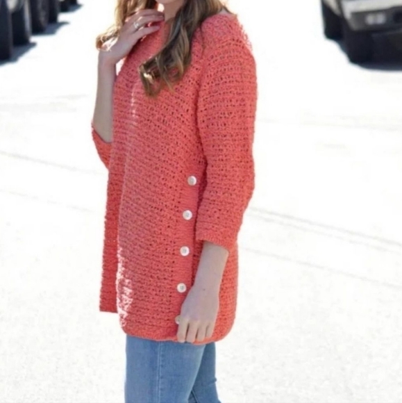 J.Jill Open-Stitch Side Button Sweater - Shrimp (coral) - Picture 2 of 9
